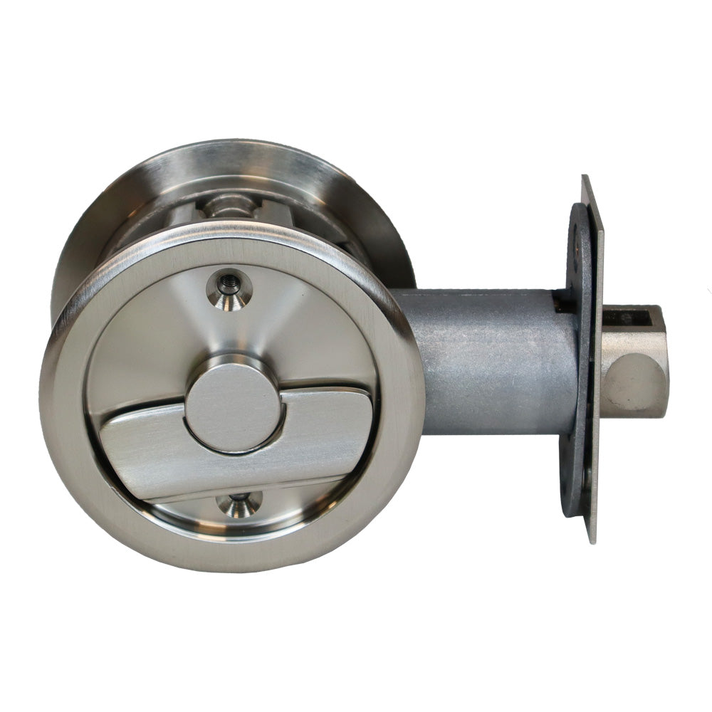 Emtek - Round Privacy Pocket Door Tubular Lock with Privacy Strike Plate and Dust Box for 1-3/8" to 1-3/4" Door - Satin Nickel