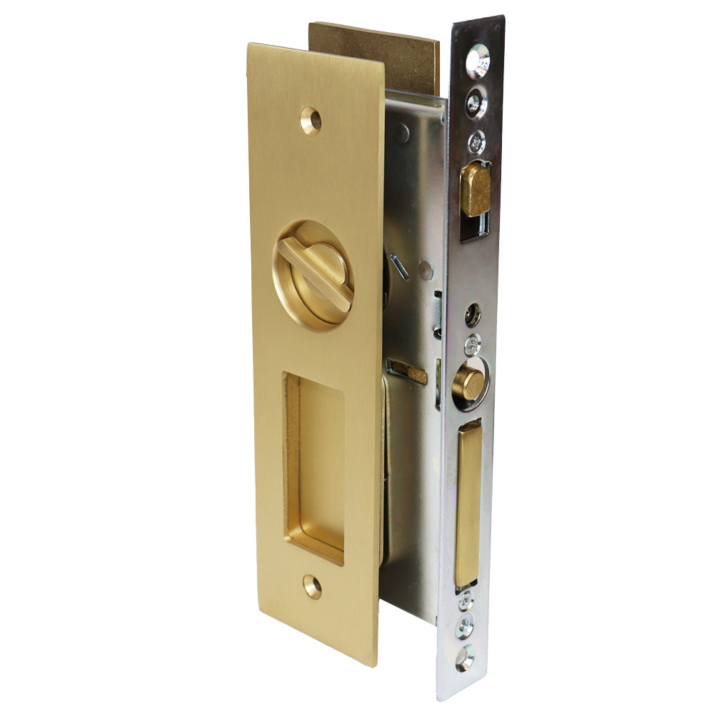 Emtek - Narrow Modern Rectangular Privacy Pocket Door Mortise Lock for 1-3/8" Door - Satin Brass