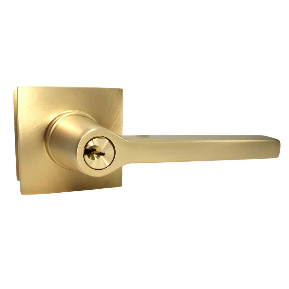 Emtek - Helios Lever 2-3/8" and 2-3/4" Backset with Radius Latch Strike Keyed Entry with Square Rose for 1-3/8" to 2-1/16" Door - Satin Brass (Right Hand)