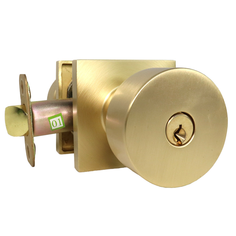 Emtek - Round Knob 2-3/8" and 2-3/4" Backset with Radius Latch Strike Keyed Entry with Square Rose for 1-3/8" to 2-1/16" Door - Satin Brass