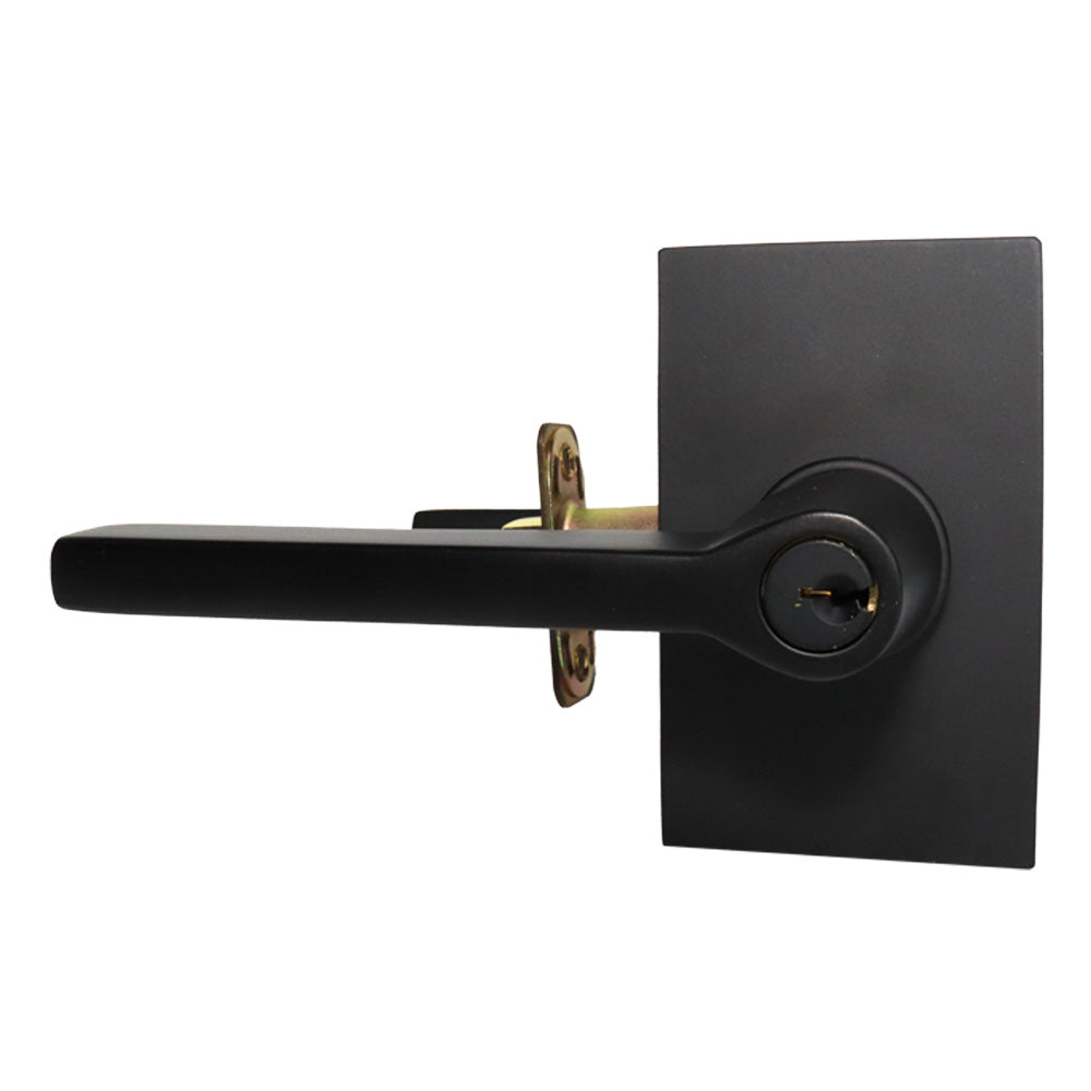 Emtek - Helios Lever 2-3/8" and 2-3/4" Backset with Radius Latch Strike Keyed Entry with Modern Rectangular Rose for 1-3/8" to 2-1/16" Door - Flat Black (Left Hand)