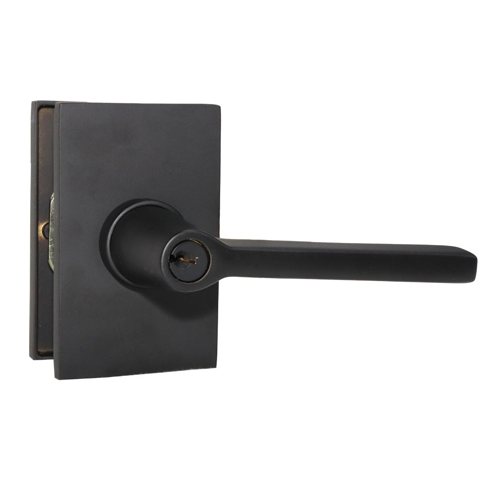 Emtek - Helios Lever 2-3/8" and 2-3/4" Backset with Radius Latch Strike Keyed Entry with Modern Rectangular Rose for 1-3/8" to 2-1/16" Door - Flat Black (Right Hand)