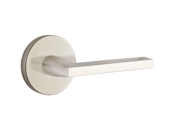 Emtek - Helios Lever 2-3/8" Backset Privacy with Disk Rose for 1-1/4" to 2" Door - Satin Nickel (Left Hand)