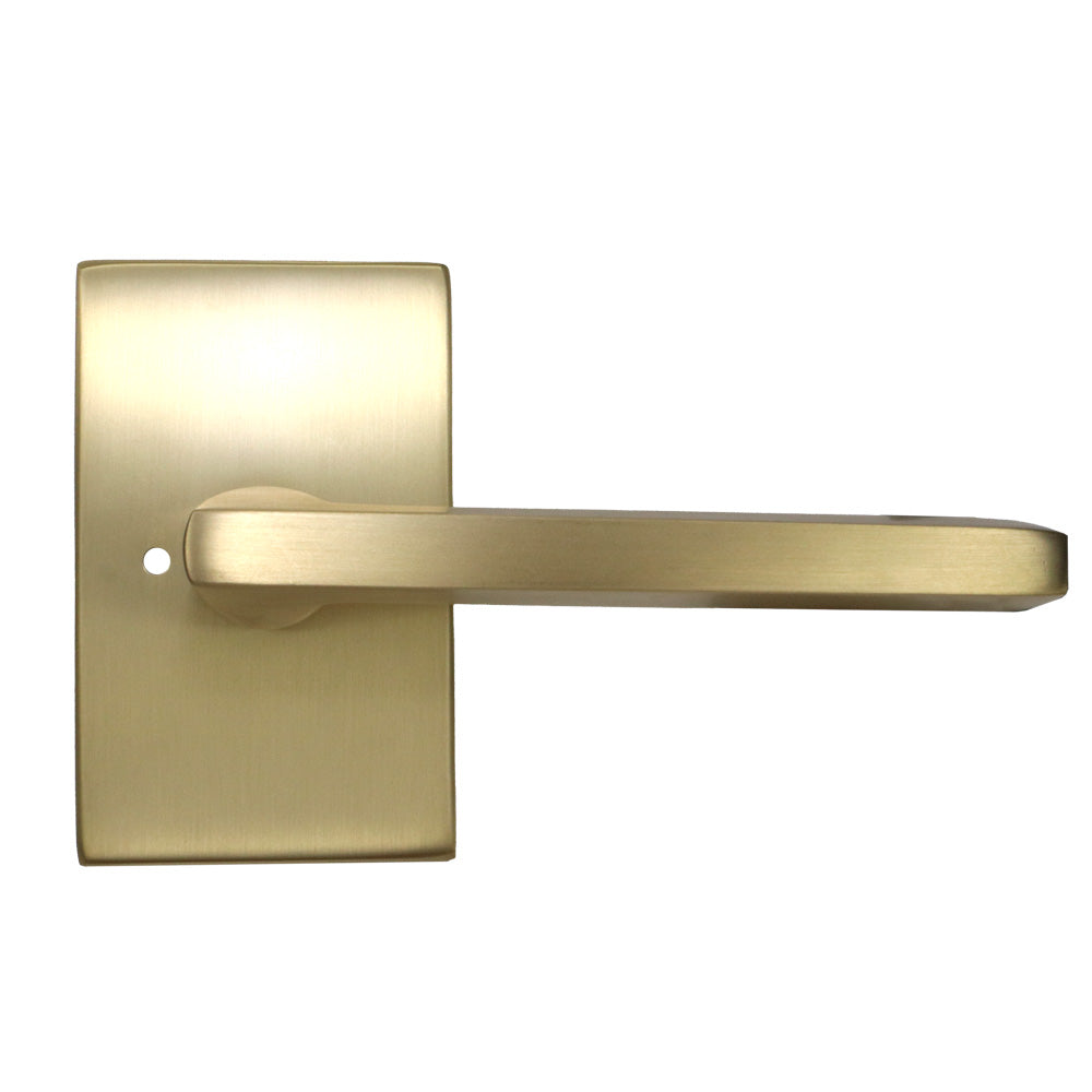 Emtek - Helios Lever 2-3/8" Backset with Radius Latch Strike Privacy with Modern Rectangular Rose for 1-1/4" to 2" Door - Satin Brass (Right Hand)