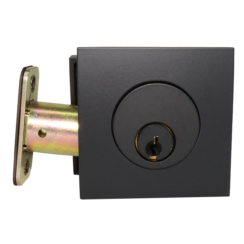 Emtek - Square Single Cylinder Deadbolt with 2-3/8" and 2-3/4" Backset for 1-3/4" Door with Radius Latch Strike - Flat Black