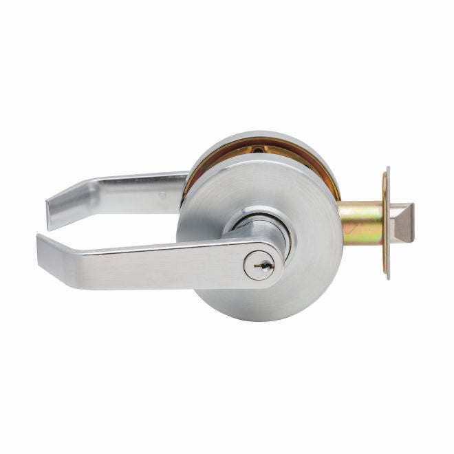 Dexter Commercial C1000NCENTRR626KDC Entry / Office Grade 1 Regular Lever Non Clutching Cylindrical Lock with C Keyway; 2-3/4" Backset with 1-1/8" Face; and ANSI Strike Satin Chrome Finish Main image
